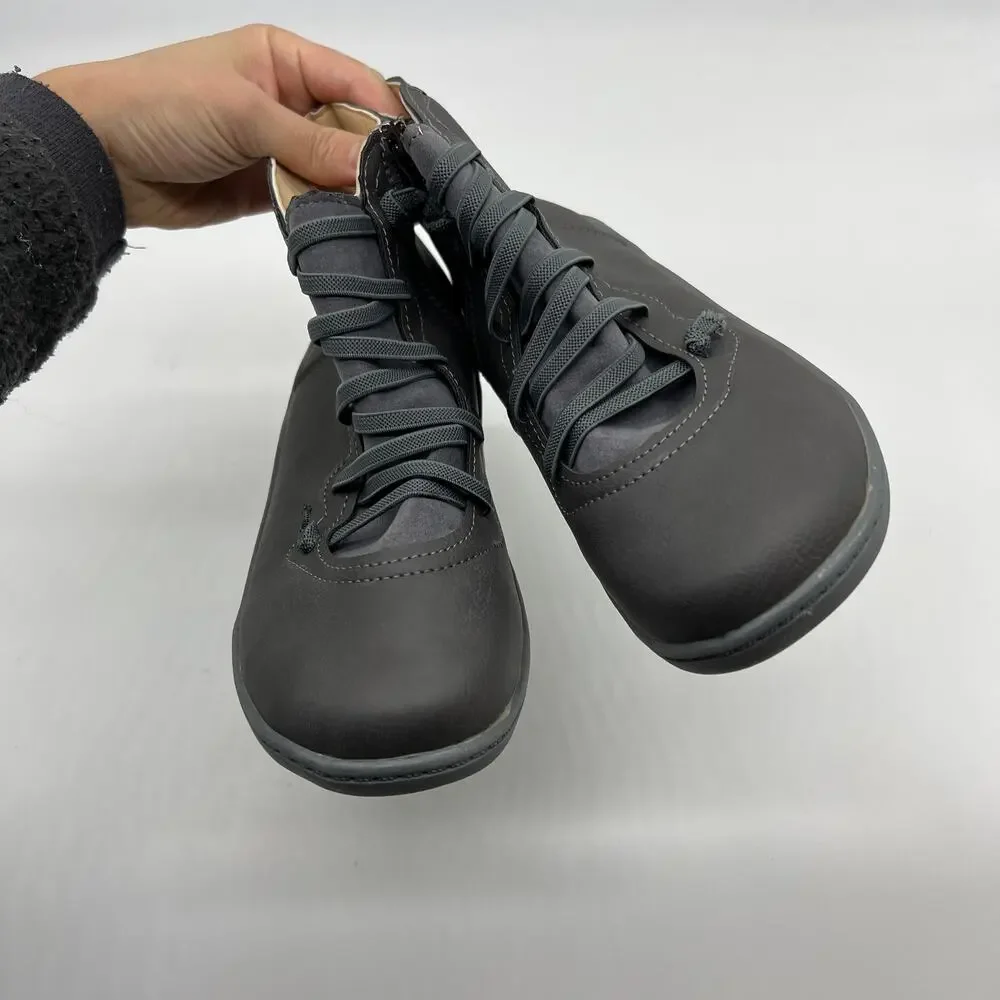 Women's Grey Leather Ankle Bootie - Casual Comfort